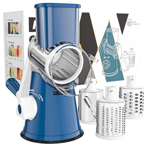 Cambom Rotary Cheese Grater Hand Crank Cheese Shredder for Fresh Cheese, Vegetable, Nuts,Non-slip Suction Base，Three Blades,Dark Blue - color: Dark Blue, size: 3 BLADES