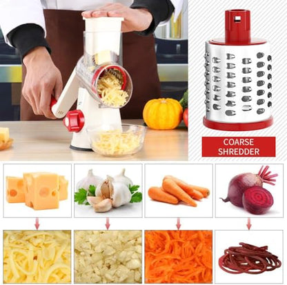 Cambom Rotary Cheese Grater Hand Crank Cheese Shredder for Fresh Cheese, Vegetable, Nuts,Non-slip Suction Base, Free Cleaning Brush Three Blades,Red White - color: Red+White, size: 3 BLADES