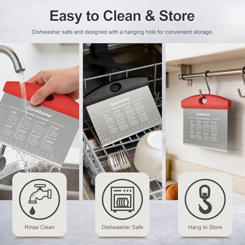 Ourokhome 2 Pack Bench Scraper Dough Cutter, Stainless Steel Dough Scraper with Laser-Etched Scale, Conversion Chart, Non-Slip Handle, Dishwasher Safe for Bread & Pastry, Black and Red - color: Red and black