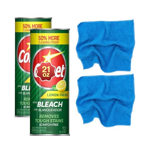 Powder Cleanser 21 oz (2 Pack), Lemon Fresh Scent, with Microfiber Cloths, Multi-Surface Kitchen & Bathroom Cleaning Bundle