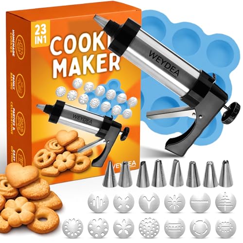 Cookie Press Gun Kit 23 in 1 - Stainless Steel Cookie Maker with 13 Discs, 8 Piping Tips & Silicone Baking Mold - Cookie Making Kit for DIY Baking