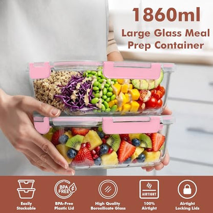 Razab 2 Pcs 1860ml / 63 Oz Large Glass Food Storage Containers with Lids - Glass Meal Prep Containers with Locking Lids for Roasting, Storing Leftover, Lunch Container, BPA Free, Microwave & Oven Safe - color: Pink
