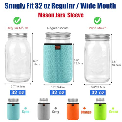 32 oz Regular/Wide Mouth Mason Jar Neoprene Sleeve, 32oz Non-slip Cozy Insulated Glass Jars Protector Holder Sleeves 3.7 x 5.3 Inches - 4 Pack (Orange/Green/Cyan/Grey) - color: 32 oz Sleeves (3.7 x 5.3 In) - ORG/Green/Cyan/Grey