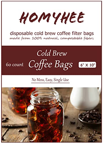 Cold Brew Coffee Bags 60 Count Disposable Fine Mesh Brewing Bags for Concentrate/Iced Coffee Maker, French/Cold Press Kit, Hot Tea in Mason Jar or Pitcher, 6 x 10 Inches - size: 60 Pack - 6" x 10"