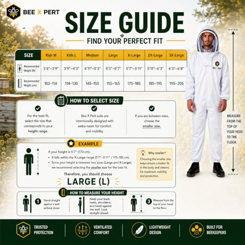 Cotton Beekeeping Suit with Removable Veil & Gloves – Full Body Protective Bee Suit, Breathable Sting Protection for Beginner & Professional Beekeepers (Kids-Large) - size: Kids-Large