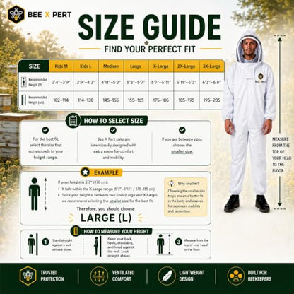 Cotton Beekeeping Suit with Removable Veil & Gloves – Full Body Protective Bee Suit, Breathable Sting Protection for Beginner & Professional Beekeepers (Kids-Large) - size: Kids-Large