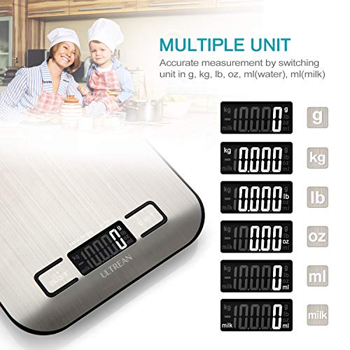 Ultrean Food Scale, Digital Kitchen Scale with LCD Display, Weight Grams and Ounces for Baking Cooking and Meal Prep, 6 Units with Tare Function, 304 Stainless Steel, 11lb (Batteries Included) - size: Medium-Digital