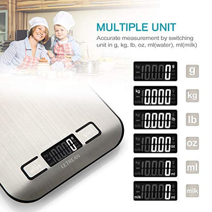 Ultrean Food Scale, Digital Kitchen Scale with LCD Display, Weight Grams and Ounces for Baking Cooking and Meal Prep, 6 Units with Tare Function, 304 Stainless Steel, 11lb (Batteries Included) - size: Medium-Digital