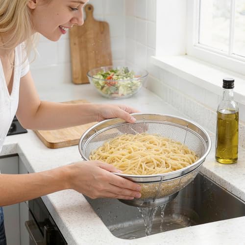 Fine Mesh Strainer for Kitchen, 6 Quart Stainless Steel Colander Bowl | Idea for Pasta, Rice, Fruit, Metal Net Baskets with Resting Base - Strain, Drain, Rinse - size: 6 Qt