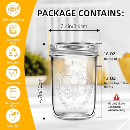 Miuyhji Mason Jars 16 oz with Lids, 12Pcs Wide Mouth Glass Canning Jars with Airtight Lids and Bands, Overnight Oats Containers for Pickling, Freezing, Preserving, Meal Prep, Jar Décor - size: 16 oz-12Pcs (Clear)