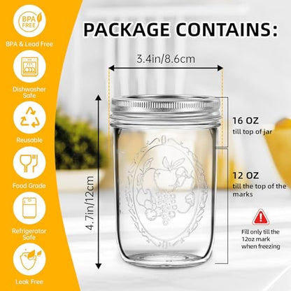 Miuyhji Mason Jars 16 oz with Lids, 12Pcs Wide Mouth Glass Canning Jars with Airtight Lids and Bands, Overnight Oats Containers for Pickling, Freezing, Preserving, Meal Prep, Jar Décor - size: 16 oz-12Pcs (Clear)
