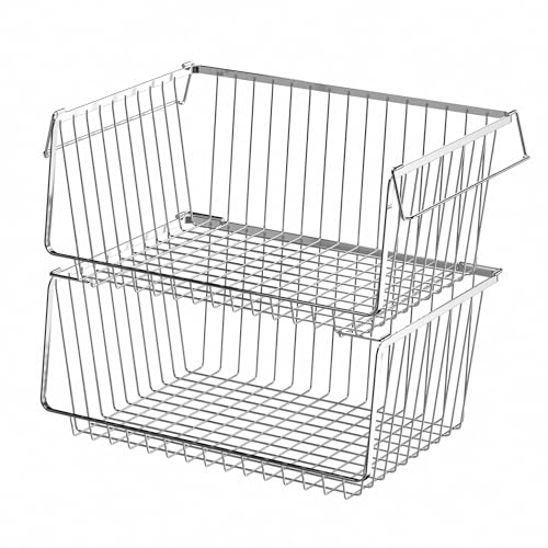 Wire Storage Baskets Stackable Large Metal Storage Organization, Pantry Storage Organizing Household Wire Baskets with Handles for Kitchen, Pantry, Bathroom, Cabinets, Bedrooms, Set of 2 - color: 2 PACK, size: 14''L x 10.6''W