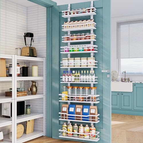 Eastherry Over The Door Pantry Organizer，9-Tier Over The Door Organizer with Adjustable Basket，Metal Hanging Pantry Organizers and Storage for Kitchen, Back of Door Seasoning Rack - color: White, size: 9 Tier