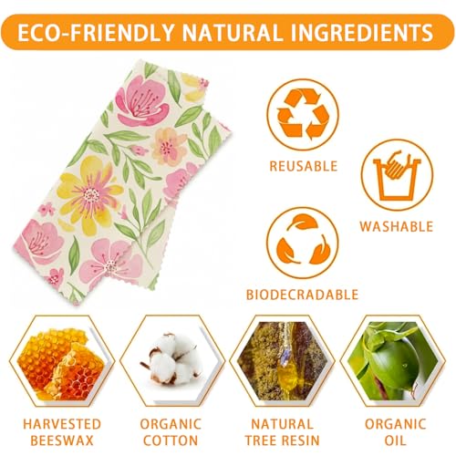Beeswax Food Wraps, Pink Flowers and Green Leaves Wraps, 9 Pack Plastic-Free Food Storage, Sandwich, Bread, Fruit Covers, Organic, Sustainable, Zero Waste, Biodegradable, 1XL, 3M, 5S - color: Green Botanical2