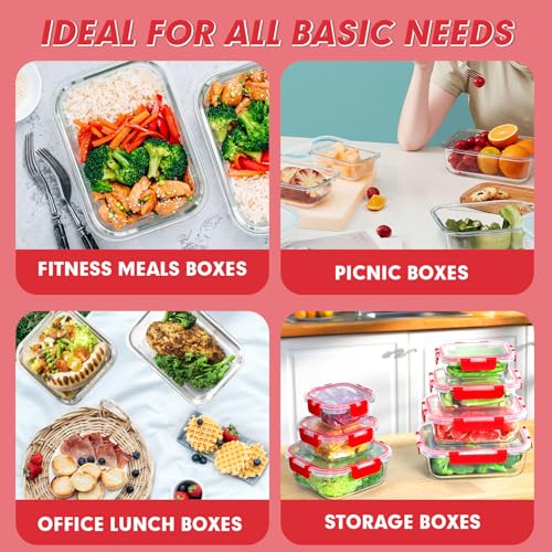VERONES 30 Pieces Glass Meal Prep Containers Set, Stackable Glass Food Storage Containers with Lids-Airtight Lunch Containers，for Microwave, Oven, Freezer & Dishwasher,Red - color: Red-30