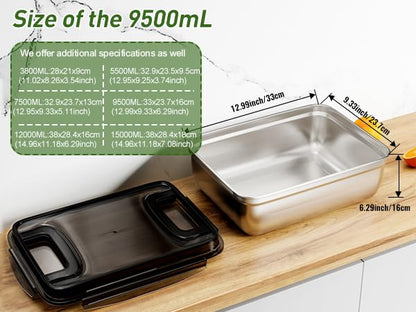 Extra Large Stainless Steel Food Container with Airtight Lid, 320 OZ Giant Metal Storage Box, Heavy Duty 304 Meal Prep Pan for Marinating Meat, Turkey, kimchi. - size: 9500ML/320 OZ