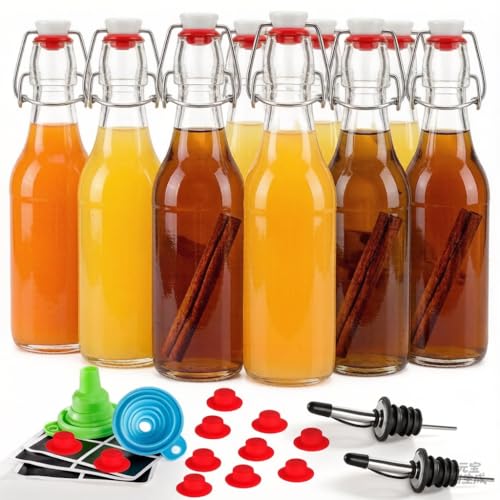 Jucoan 10 Pack 8 oz Swing Top Glass Bottles with Stoppers, Flip Top Glass Bottles Hot Sauce Bottles for Vanilla Extract, Syrup, Limoncello, Flavored Oils, Coquito