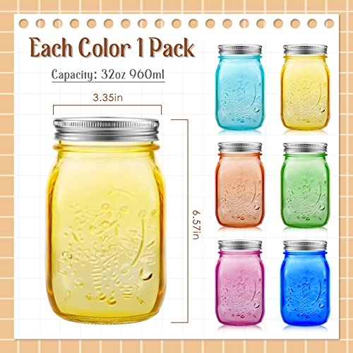 뚜껑이 있는 946.4ml(32온스) 컬러 메이슨 병 6개, 넓은 입구 쿼트 통조림 병, 대형 빈티지 유리병, 보관 산세 보존, 발효 DIY 공예 및 장식, 식기 세척기 사용 불가, 6가지 색상