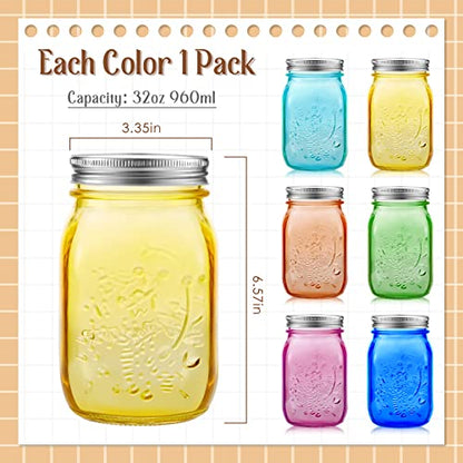 뚜껑이 있는 946.4ml(32온스) 컬러 메이슨 병 6개, 넓은 입구 쿼트 통조림 병, 대형 빈티지 유리병, 보관 산세 보존, 발효 DIY 공예 및 장식, 식기 세척기 사용 불가, 6가지 색상