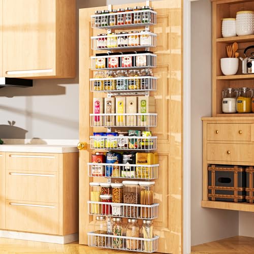 Moforoco 9-Tier White Over The Door Pantry Organizer, Pantry Organization and Storage, Black Hanging Basket Wall Spice Rack Seasoning Shelves, Home & Kitchen Bedroom Bathroom House Essentials - color: White, size: 9-Tier