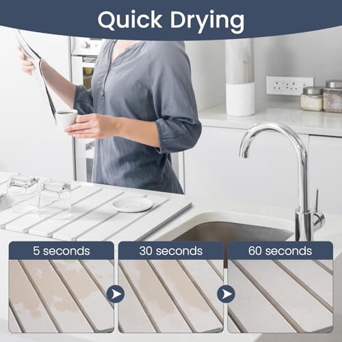 Meowoo Stone Drying Mat for Kitchen Counter, 23.6"x15.3" Foldable Diatomaceous Earth Mat, Super Absorbent, Quick-Dry Bath & Kitchen Pad for Dishes, Cups, Bottles, Non-Slip, Fits Any Countertop - White - size: 23.6" x 15.3"