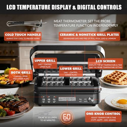 CATTLEMAN Panini Grill Press Sandwich Maker with Removable Plates, 1600W, 6 in 1 Waffle Maker & Electric Indoor Grill with Meat Thermometer, PFAS Free Ceramic Nonstick Reversible Plates, Opens Flat - color: Black with Waffle Plates