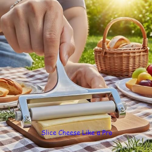 Heavy Duty Stainless Steel Cheese Slicer,Adjustable Thickness with 2 Extra Replacement Wires, Handheld Cheese Cutter for Soft & Hard Cheese, Butter, Cake (Silver)