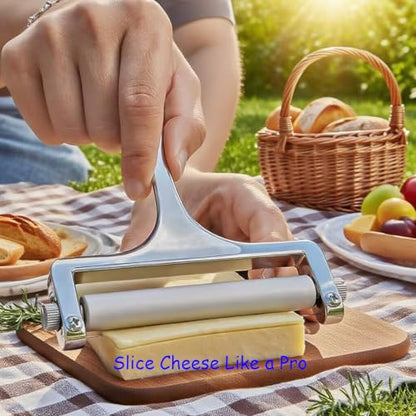 Heavy Duty Stainless Steel Cheese Slicer,Adjustable Thickness with 2 Extra Replacement Wires, Handheld Cheese Cutter for Soft & Hard Cheese, Butter, Cake (Silver)