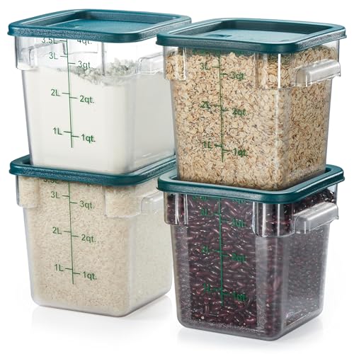 CURTA 4 Pack Food Storage Container with Green Lid - NSF Commercial Grade in 4.0 Qt - Square, Clear, Polycarbonate - color: 4.0 Qt 4-Pack(Green Lids)