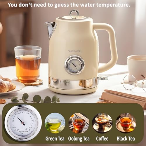 Retro Electric Kettle, 1.7L 304 Stainless Steel Tea Kettle with Temperature Gauge, 1500W Fast Boiling Water Boiler,Auto Shut-Off & Boil-Dry Protection, BPA-Free, Beige - color: Beige