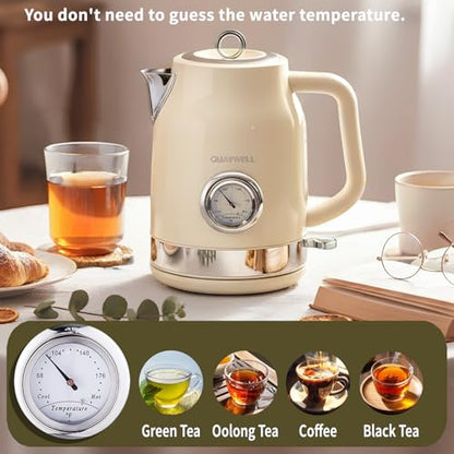 Retro Electric Kettle, 1.7L 304 Stainless Steel Tea Kettle with Temperature Gauge, 1500W Fast Boiling Water Boiler,Auto Shut-Off & Boil-Dry Protection, BPA-Free, Beige - color: Beige