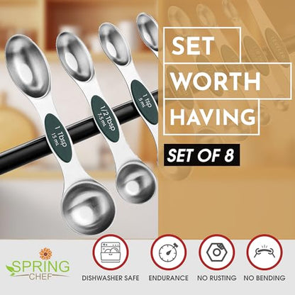 Spring Chef Stainless Steel Magnetic Measuring Spoons Set of 8 with Leveler, Stackable Magnetic Teaspoon & Tablespoon Set, Metal Kitchen Gadgets for Baking & Cooking, Fits in Spice Jars - Pine Green - color: Pine Green, size: 1-Pack