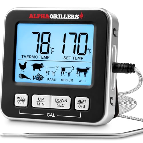 Alpha Grillers 육류 온도계 디지털 - 음식 요리, 그릴링, BBQ 스모커용 주방 오븐 온도계 - 7가지 사전 설정 온도 알림, 타이머, 알람 및 스테인리스 스틸 온도 탐침