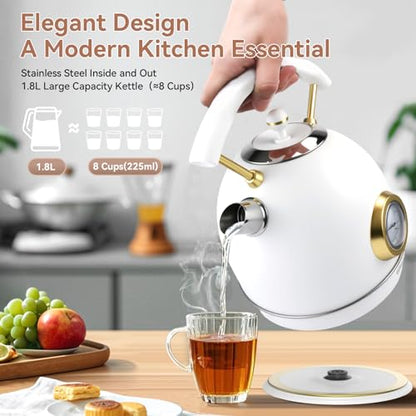 Rasonic Retro Electric Kettle Stainless Steel, 1.8L Tea Water Boiler, 1500W Fast Quiet Boil, Temperature Gauge, Auto Shut-Off, Boil-Dry Protection, White Champagne Gold - color: White