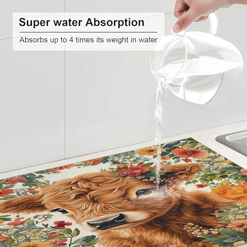 Highland Cow Dish Drying Mat for Kitchen Counter Microfiber Super Absorbent Non-Slip Dish Drying Pad for Countertops Dishes Utensils Stylish Quick-Dry Machine Washable 18x24 Inch - color: Highland Cow
