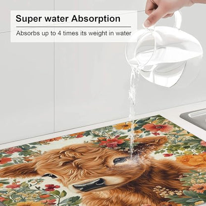 Highland Cow Dish Drying Mat for Kitchen Counter Microfiber Super Absorbent Non-Slip Dish Drying Pad for Countertops Dishes Utensils Stylish Quick-Dry Machine Washable 18x24 Inch - color: Highland Cow