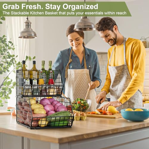 2-Tier Potato and Onion Storage Bin, Stackable Wire Baskets for Countertop | Large Fruit and Vegetable Storage, Wall-Mount Kitchen Pantry Organizer with Ventilated Mesh to Keep Produce Fresh for Cabinet - size: 2-tier Large