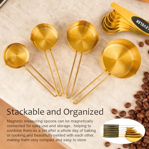 11 pcs Gold Measuring Cups and Spoons Set,Includes 4pcs Measuring Cups And 6pcs Magnetic Measuring Spoons & 1 Leveler,Stainless Steel is Ideal for Measuring Liquids And Dry Ingredients - color: 11 set