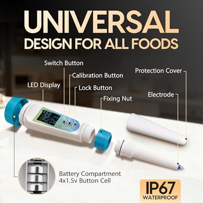 Digital pH Meter for Food Testing - Sourdough, Fermentation, Cheese & Canning - Solid Food Probe with Calibration Powder - Professional pH Tester for Home Cooks & Bakers (0.00-14.00)