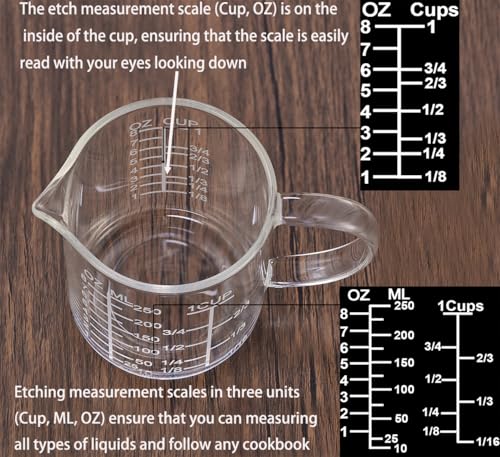 Ackers Mirror Scale Glass Measuring Cup-[Insulated handle | V-Shaped Spout]-Made of High Borosilicate Glass Measuring Cup for Kitchen or Restaurant, Easy to Read, 250 ML (8 Oz, 1 Cup) - size: 250 ML (8 Oz, 1 Cup) - Mirror Etching