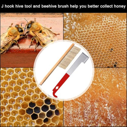 Mudder 3 Pcs Bee Hive Tools for Beekeeping, Stainless Steel J Hook and 2 Bee Brush, Beehive Brush Frame Lifter and Scraper Beekeeping Starter Kit for Beekeepers