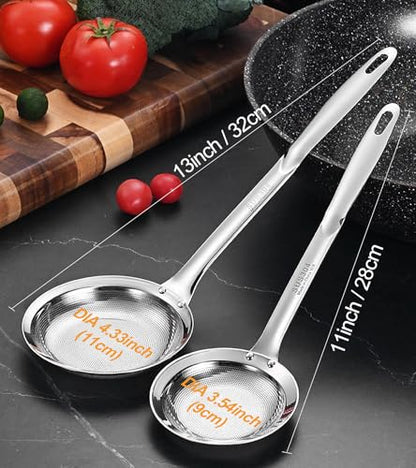 Ugotit Fat Skimmer Spoon Set, 304 Stainless Steel Fine Mesh Food Strainer | Grease Skimmer & Soup Skimmer, For Hot Pot, Gravy, Broth, Oil Separator, Removing Grease - color: Flat Handle 3.5inch&4.3inch