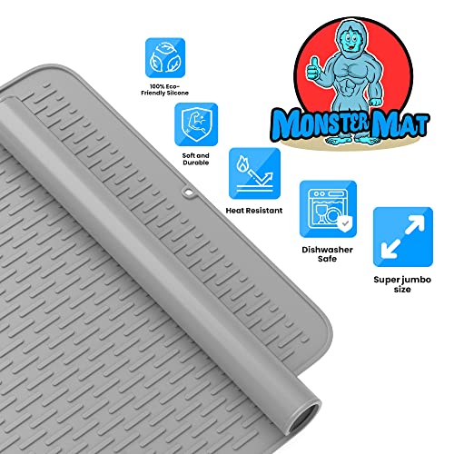 Monster Mat Extra Large Silicone Dish Drying Mat (30"x24") – Heavy Duty & Fast-Drying Silicone Mat - Non-Slip XL Dish Drying Mat For Kitchen Counter - Gray