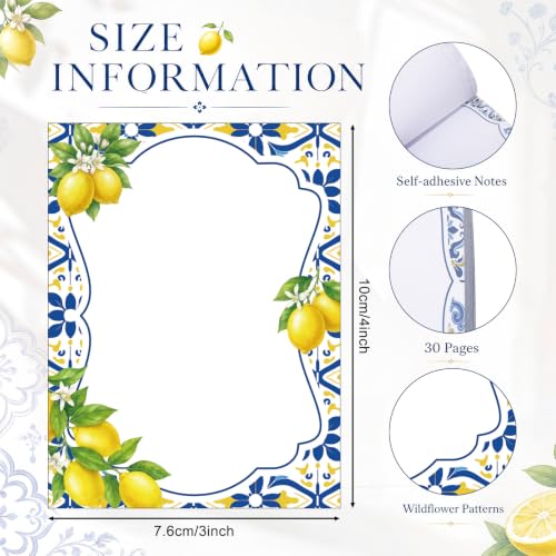 Chiisong 12 Pads Capri Lemon Sticky Notes 3 x 4 Inches Blue Tiles Yellow Adhesive Memo Pads Reminder Decor Mediterranean Amalfi Coast Notepads for Journal Office Summer Birthday Wedding Gifts - style: Capri Lemon