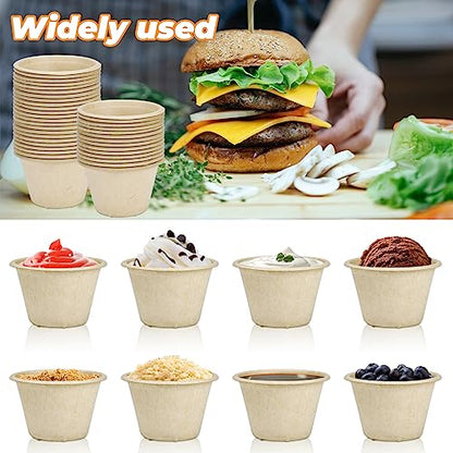 LeonBach 150 Pack 4oz Natural Bagasse Fiber Sauce Cups, Compostable Small Disposable Paper Dipping Bowls Biodegradable Condiment Portion Sample Snack Charcuterie Serving Tasting Cups - color: Brown, style: 4oz-150 Pack