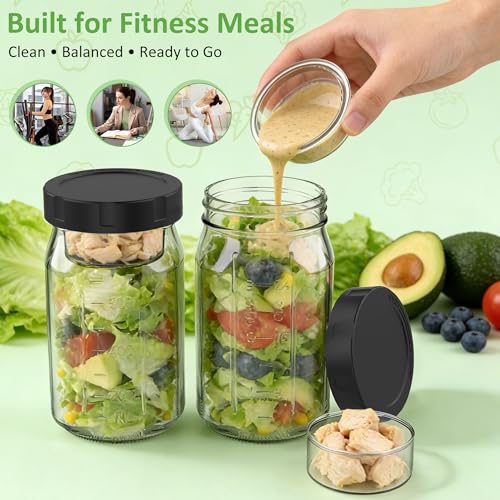 4Pack Glass Salad Jars with Lids, 32oz Salads Mason Jars with Wet/Dry Separation Cup, Meal Prep Salad Containers for Lunch, Leakproof Wide Mouth Food Storage Containers, BPA-Free Reusable (Black) - color: Black
