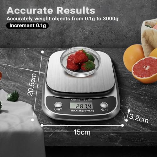 GRAM PRES Food Kitchen Scale Digital Weight Grams and Oz 3kg/0.1g | Professional Small Digital Kitchen Food Scales for Weight Loss - color: Silver-K1905-3kg