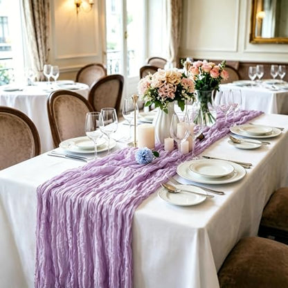 16 Pack Purple Lavender Cheesecloth Table Runner 35x120 Inch Boho Rustic Gauze Table Runners, 10Ft Long Sheer Purple Lavender Cheese Cloth Table Runners for Wedding Bridal Shower Party Table Decor - style: Lavender