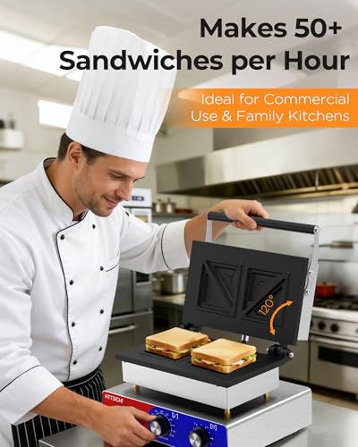 Commercial Sandwich Press, 110V Electric Sandwich Maker w/Adjustable Temp 0–550°F & Timer, Stainless Steel Panini Press Sandwich Maker w/Non-Stick Plates, Makes 2 Grilled Cheese Sandwiches - style: 4 slice