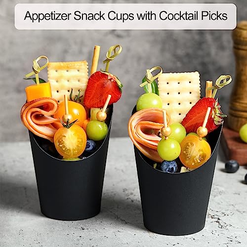 Disposable Charcuterie Cups 120 PCS with 200PCS Sticks and 120PCS Bags | 14 oz Kraft Paper Snack Boxes Appetizers Cup French Fry Holder with Cocktail Skewers Toothpicks Tooth Picks, Black - color: Black, size: 14 Oz 120 Pcs Set